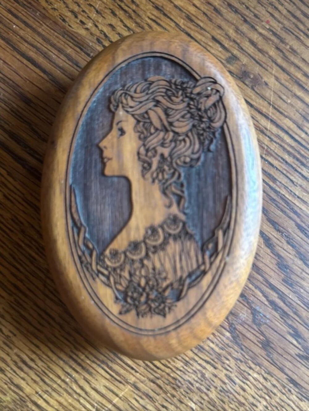 Vintage Las-Art Wood Cameo Portrait Trinket Jewelry Box Blue Velvet Lined Oval